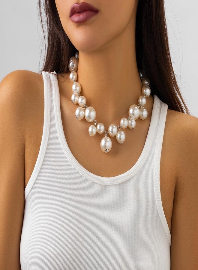 eartif Women's Big Pearl Statement Choker Necklace, White, 15-20mm, 16.5"+2" Extender, High Lustre Imitation Pearls, Wedding Pearl Jewelry - Image 3